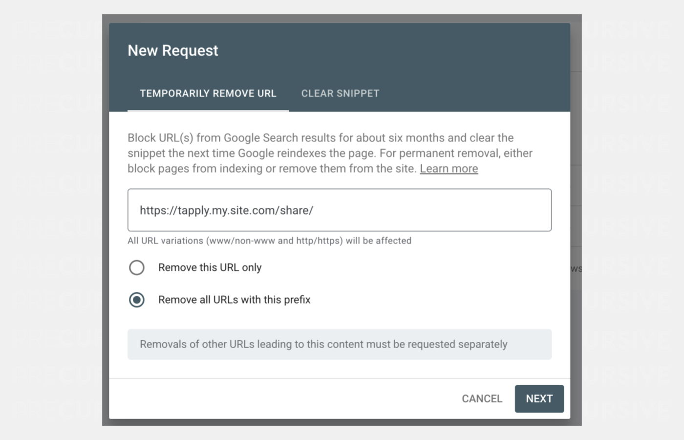 choose the option “Remove all URLs with this prefix”